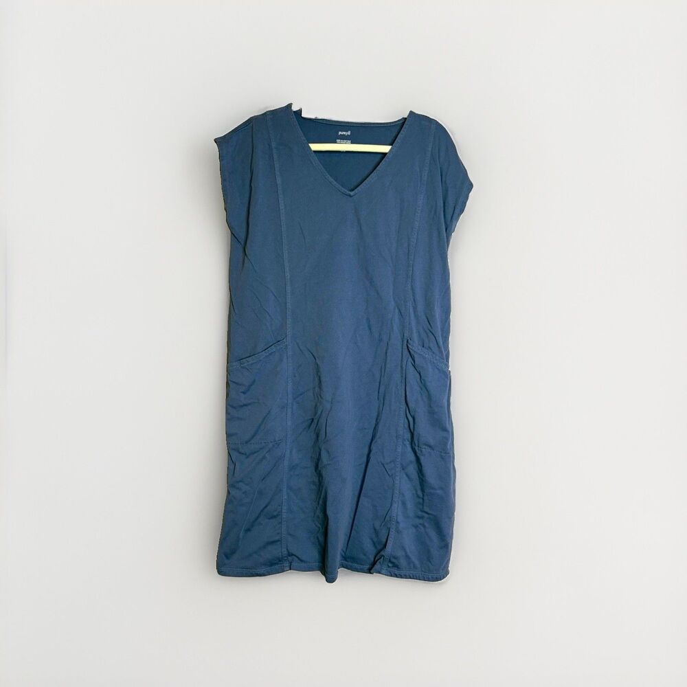 PureJill Womens Blue Easy Knit T-Shirt Dress V-Neck Cap Sleeve Pockets Petite